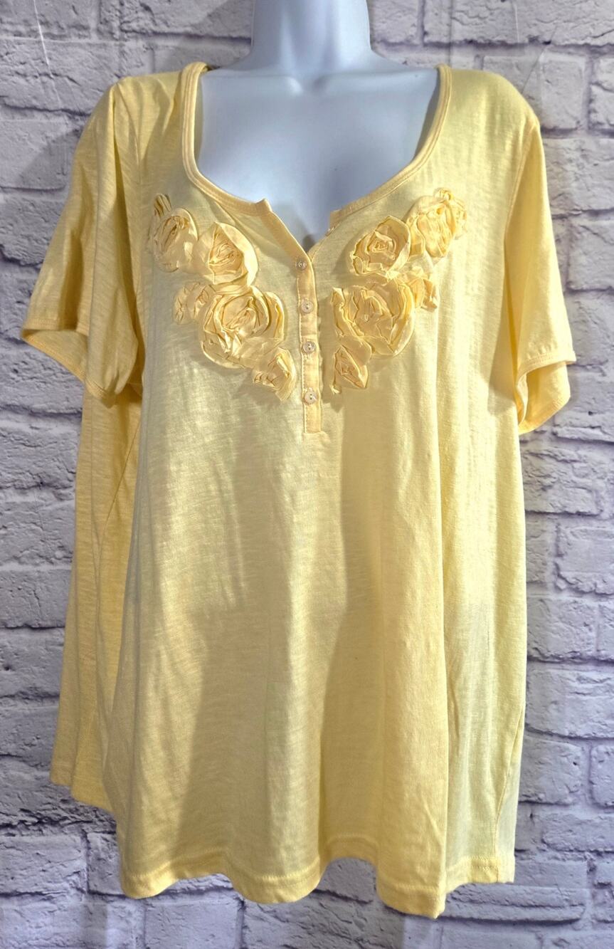 Roaman's Yellow Rosette Material Bodice 1X Plus NWOTS Short Sleeves